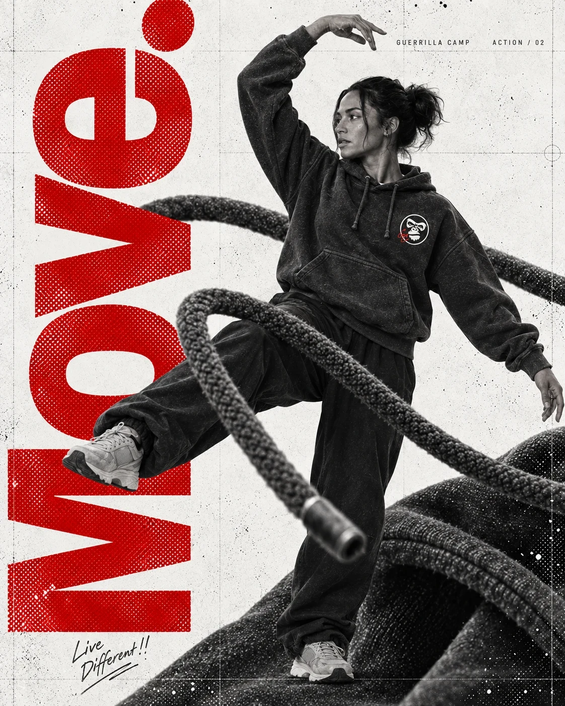 Illustrative campaign artwork: an adult dancer in the GC Hoodie with vertical red Move typography