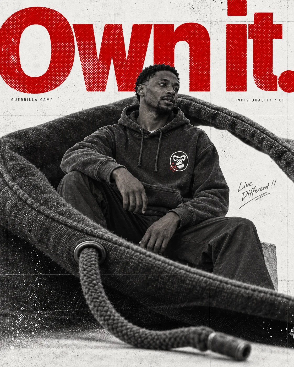 Illustrative campaign artwork: a seated adult in the GC Hoodie framed by an oversized hood, with red halftone Own it typography