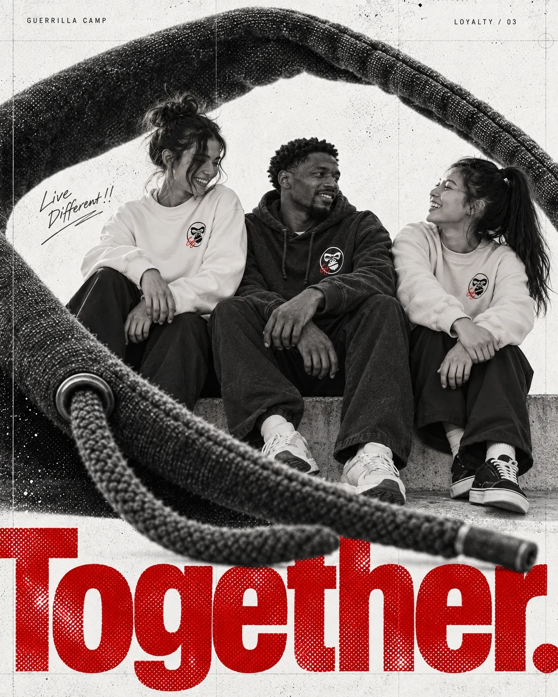 Illustrative campaign artwork: three adult friends in GC clothing with red Together typography