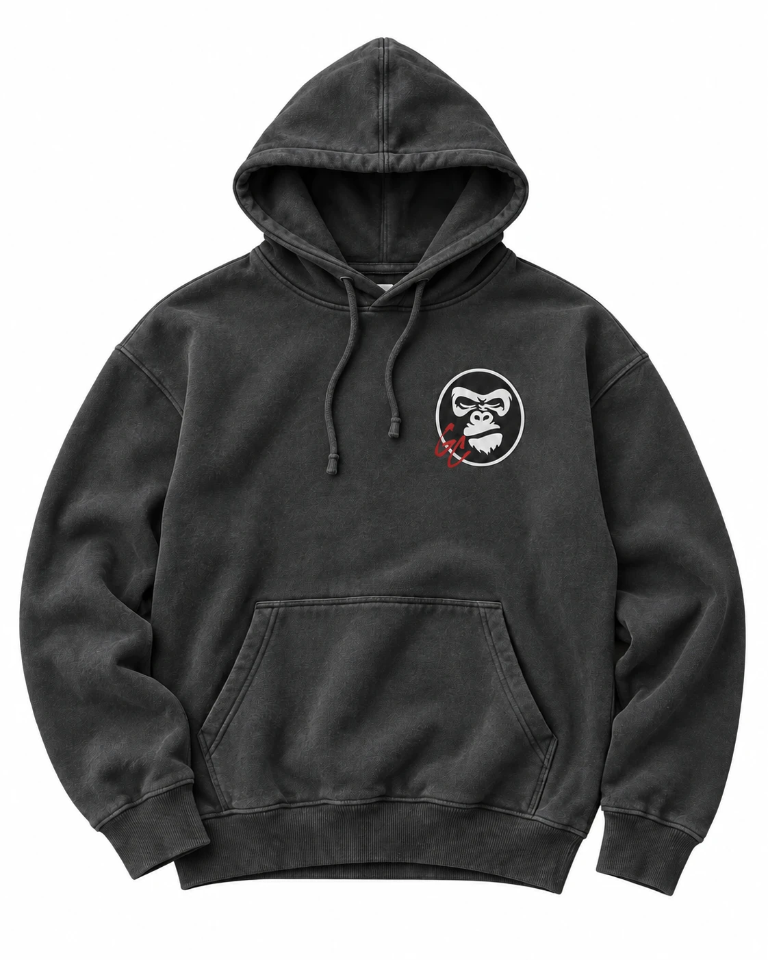 Charcoal GC Hoodie, front view, with the white gorilla and red GC chest mark