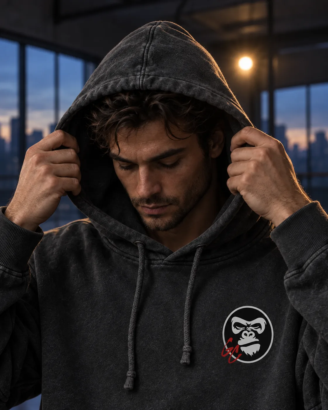 Illustrative campaign: an adult in the charcoal GC Hoodie pulling the hood up at dusk