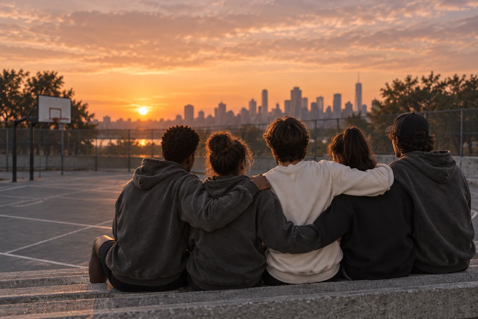 Illustrative GC campaign: five adult teammates on concrete bleachers at sunset, arms around each other, seen from behind
